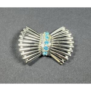 Vintage Mid-Century Wheat Sheaf Silver Tone Blue Rhinestone Brooch Pin